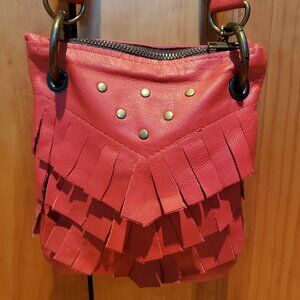 Red leather fringe crossbody festival brass accents adjustable 8.5x7" Stud Boho